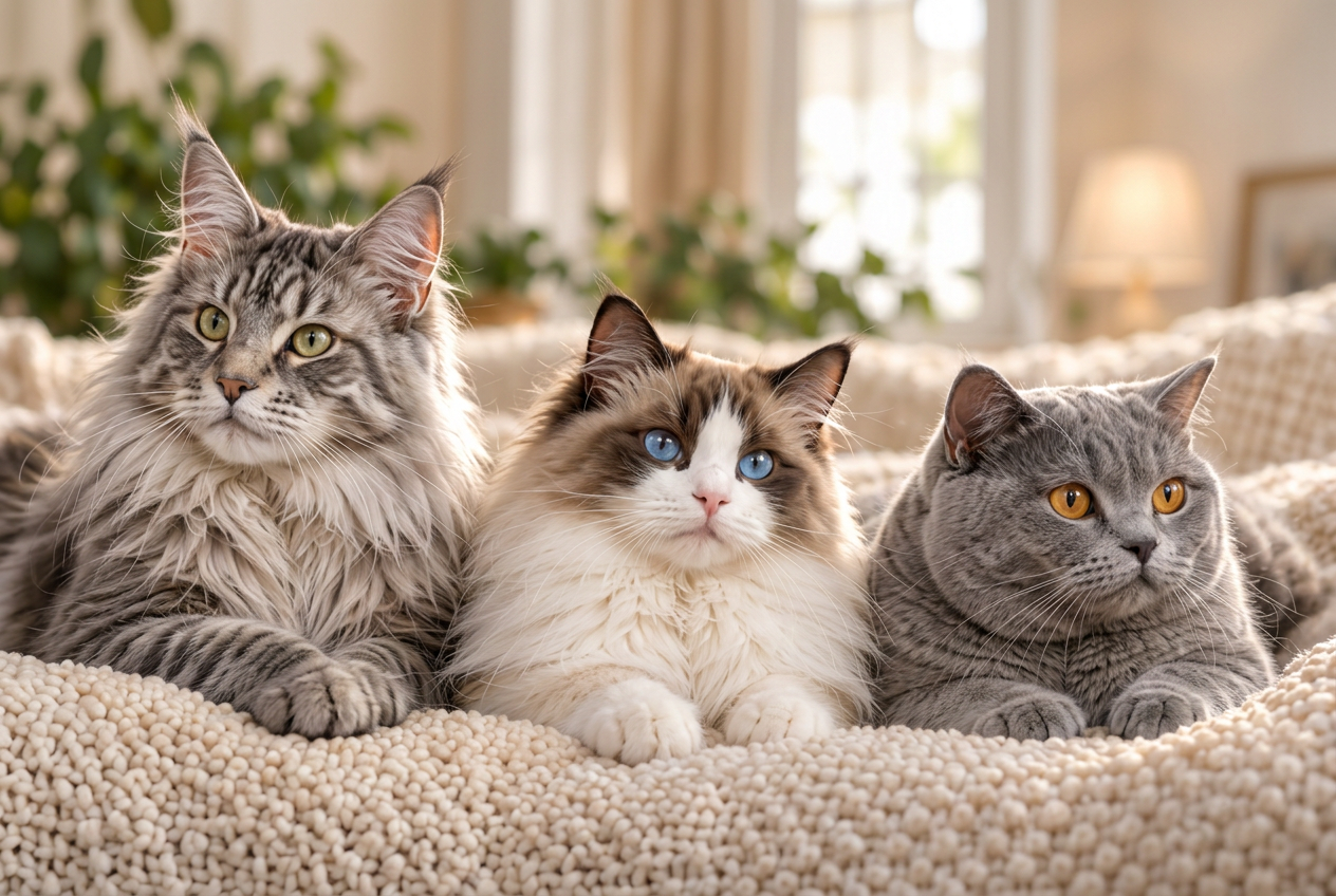 Silver Maine Coon, seal bicolour Ragdoll and blue British Shorthair resting side by side